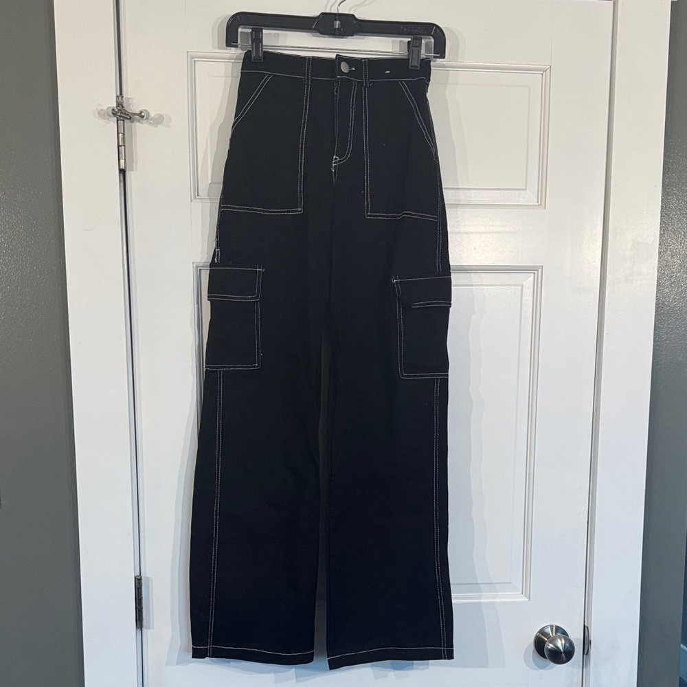 Black Cargo Pants with Contrast Stitching